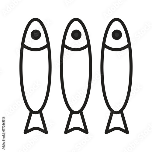 Three stylized fish black outlines oval bodies round eyes triangular tails