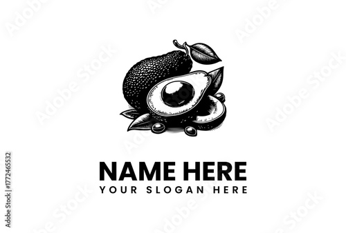 Avocado Logo Design Featuring Fresh Fruit, Leaves, and Seeds for a Healthy Brand Identity