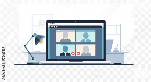 Laptop displaying a video conference with four participants in a bright home office setup