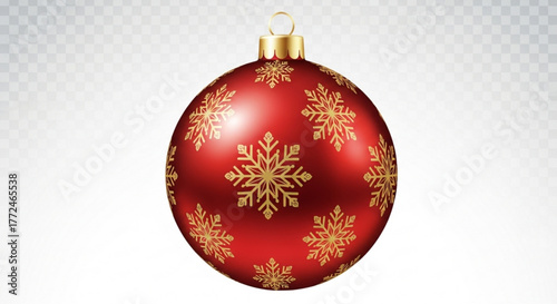 A christmas ornament is red with gold snowflakes hanging on a transparent background