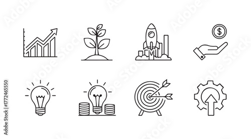 Doodle icons representing business growth startup success investment ideas and innovation concepts vector