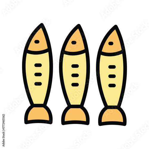 Three stylized yellow fish with orange accents are arranged vertically