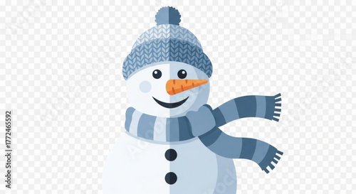 Illustration of a cheerful snowman with a blue hat and scarf against a transparent background