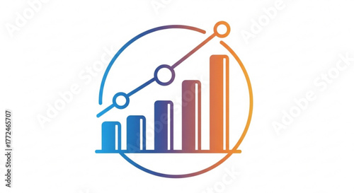 Gradient bar graph with an upward trending line inside a circle on a white backdrop