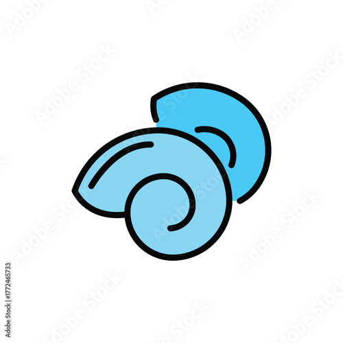 Two blue swirling seashell shapes outlined in black overlap