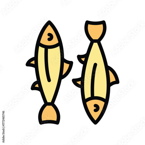 Two golden fish figures one headup one headdown with simplified shapes and black outlines