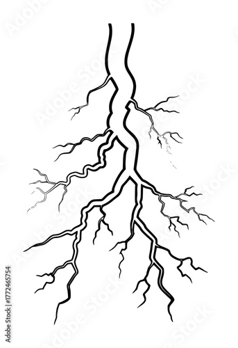 Black and White Illustration of a Jagged Lightning Bolt Striking Downward