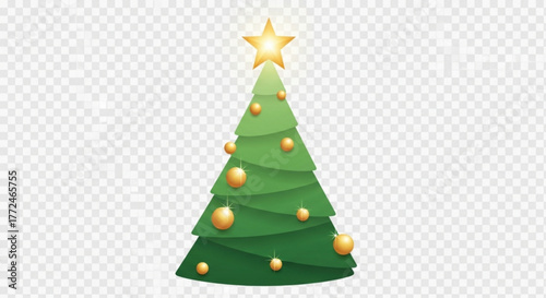 A green christmas tree with a gold star on top and gold ornaments on a transparent background