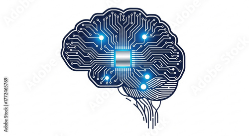 Stylized brain outline with integrated circuit and glowing nodes on a white background
