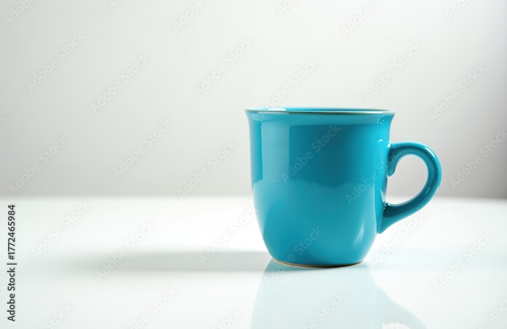 Obraz premium Bright blue coffee mug sits on clean white surface against pale background. Simple, modern shot features minimalist aesthetic perfect for various design needs. Mug comfortable handle, ready for use.