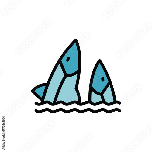 Two stylized blue sharks partially emerge from black wavy lines representing water Each shark has an eye and black outlines