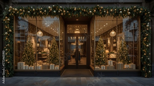 Luxury shop window display featuring Christmas trees and warm glowing lights.