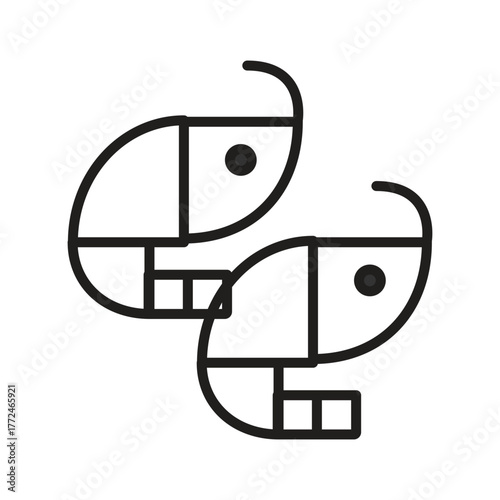 Two stylized fish Each has a rounded head dark eye and geometric mouth