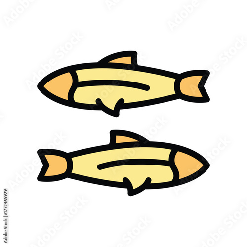 Two stylized fish icons are depicted on a white background Each fish has a yellow body outlined in black with orange accents on the tail and head