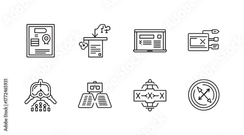 Diverse hand drawn icons representing technology business and data concepts in sketch style vector