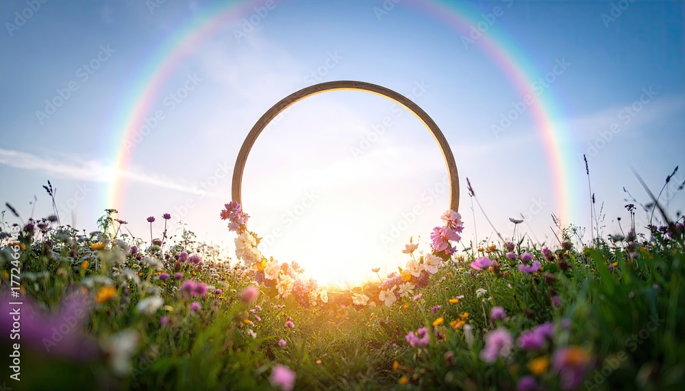 Naklejka premium Circular Arch in Vibrant Flower Meadow with Rainbow and Lens Flare