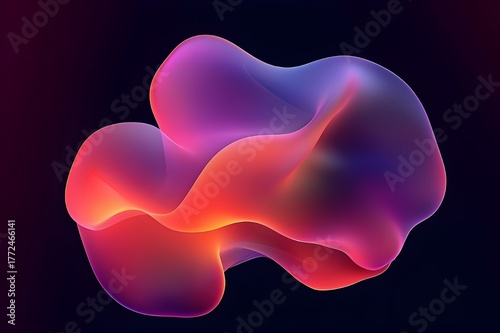 Abstract colorful fluid 3D shape with smooth gradient light, organic flowing form in vibrant red, orange, pink, and blue tones on dark background