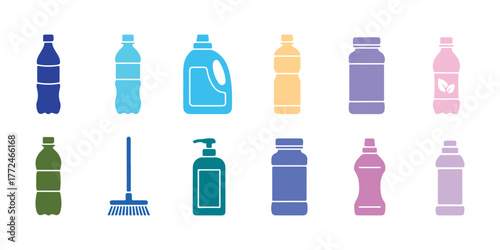 PET Bottle, Plastic Icon Vector Design Illustration Set Material depicted in various colors.