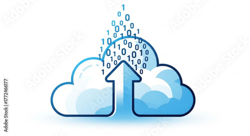 Illustration of a cloud with an upward arrow and binary code above it on a white background