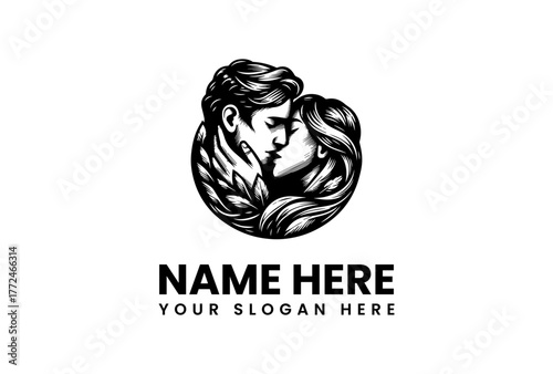 Classic hand-drawn logo of a romantic couple in an intimate embrace, a timeless black and white illustration symbolizing love and passion