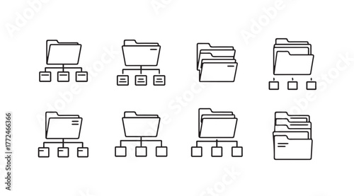 Collection of eight hand drawn folder icons representing file organization and data structures vector