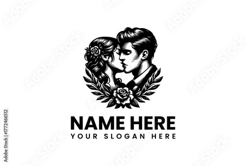 A black and white vector emblem of a vintage-style couple in a romantic embrace, perfect for a classic wedding or love-themed logo design