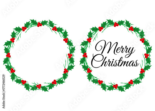 Tiempo de Navidad. Logo con mensaje Merry Christmas con corona navideña circular de ramitas, hojas y bayas de acebo