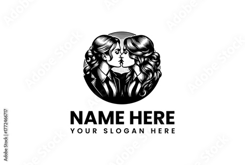Wedding Logo Two Brides Kissing in a Circle with Customizable Text for a Personalized Touch