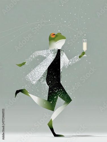 Stylish anthropomorphic frog in sparkling white jacket holding champagne glass, elegant modern illustration with minimalist background, celebrating amphibian character art in luxury fashion pose