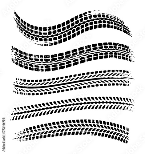 Collection of black tire tracks and tread patterns on a white background
