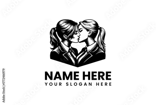 Elegant silhouette logo design of two women in love kissing. Vector emblem of a beautiful lesbian couple with pigtails, isolated on a white background. 100