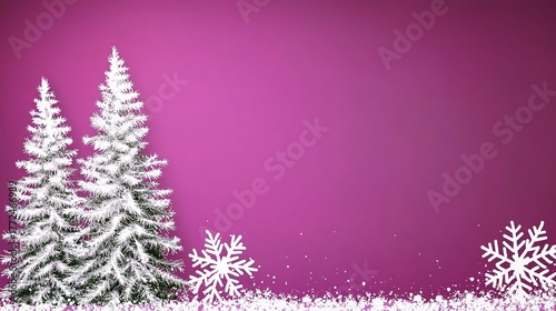 Magenta background with white snowflakes and Christmas trees on left, ample copy space for text, perfect for holiday designs.