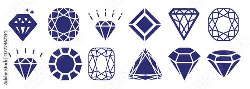 Collection of Diverse Blue Diamond Icons and Gemstone Silhouettes