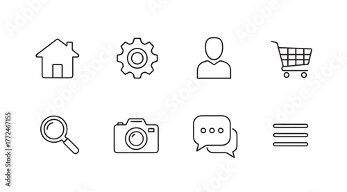 Collection of eight essential hand-drawn outline icons for web and mobile applications including home settings user cart search camera chat and menu vector