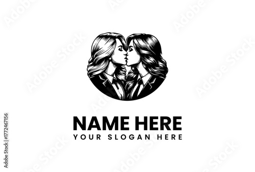 Elegant vector illustration depicting two women's profiles in a tender embrace, forming a harmonious and symmetrical emblem of love, unity, and connection, ideal for stylish branding