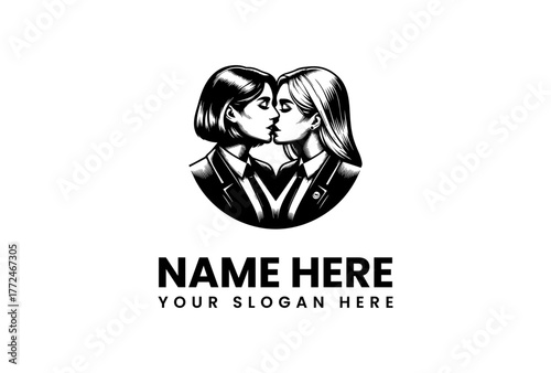 Classic black and white logo illustration of two women sharing a romantic kiss, framed in a circular emblem design for a brand identity