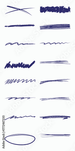 Collection of Hand-Drawn Blue Underlines and Scribbles on White Background