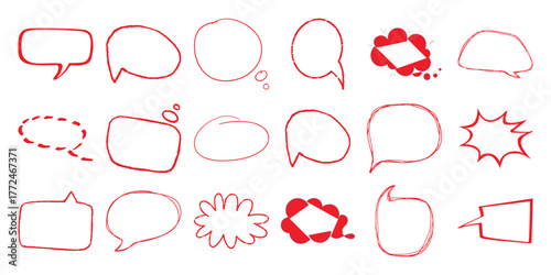 Collection of Hand-Drawn Red Speech Bubbles and Thought Bubbles