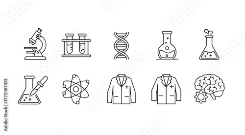 Set of ten hand-drawn scientific icons featuring microscope dna lab coats and brain vector