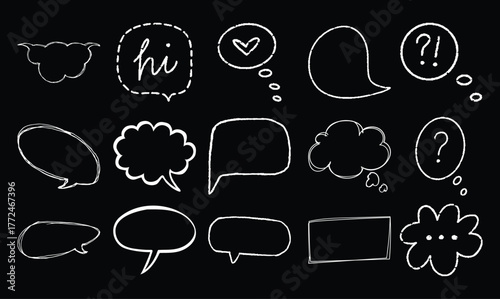 Collection of Hand-Drawn Speech and Thought Bubbles on Black Background