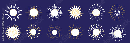 Collection of Stylized Sunburst and Celestial Icons on a Dark Blue Background