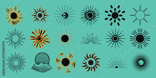Collection of Stylized Sun and Sunrise Icons with Geometric and Abstract Designs