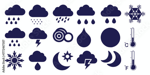 Collection of Weather Icons: Rain, Snow, Lightning, Sun, Moon, and Thermometers