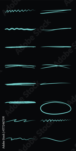 Collection of Teal Brush Stroke Underlines and Highlights on Black Background