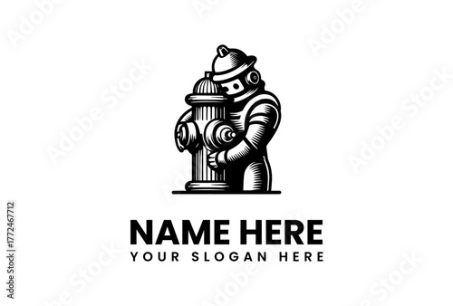 Monochrome vector logo of a friendly robot firefighter character hugging a fire hydrant. A creative mascot emblem for plumbing, safety, or technology services