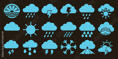Collection of blue weather icons on a dark background, including sun, clouds, rain, lightning, and snow