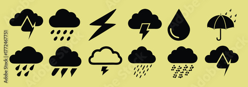 Collection of Black Weather Icons on a Yellow Background