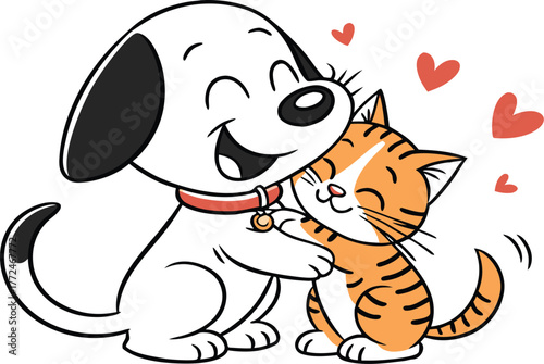 Cartoon illustration of cute cat and dog animals playing together