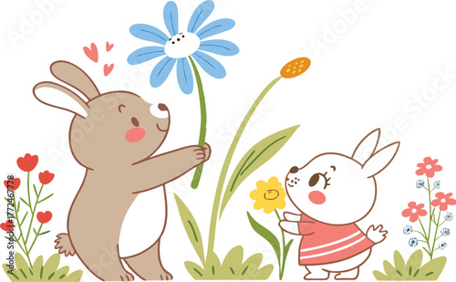 Cute cartoon easter bunny with eggs and flowers is a fun spring animal illustration