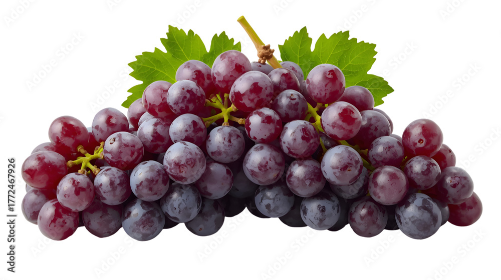 Fototapeta premium Closeup of a bunch of fresh red grapes with green leaves isolated on transparent background, a healthy snack